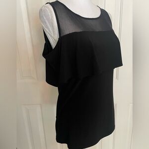 INC Top Sheer Neckline Ruffle Cap Top Portion Sleeveless Deep Black NEW Medium